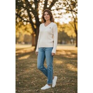 U.S. Polo Assn Women Medium Ribbed V Neck Sweater Cream Long Sleeve NWT